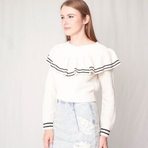 Self-Portrait Ivory Ruffle Wool Knit Sweater M Balletcore Preppy Cropped Fall